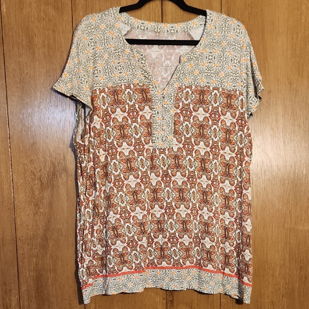 Laura Scott Paisley and Geometric Blouse - Orange, Green, Brown and Cream